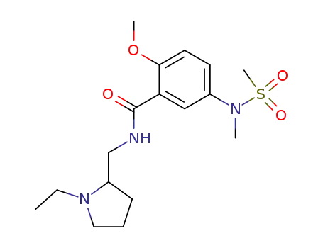 Molecular Structure of 90763-18-1 (N-[(1-Ethyl-2-pyrrolidinyl)methyl]-2-methoxy-5-(N-methylmethanesulfonamido)benzamide)