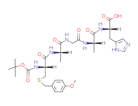 Molecular Structure of 86895-24-1 (L-Histidine,
N-[N-[N-[N-[N-[(1,1-dimethylethoxy)carbonyl]-S-[(4-methoxyphenyl)meth
yl]-L-cysteinyl]-L-alanyl]glycyl]-L-alanyl]-)