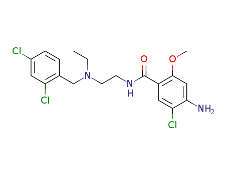 Molecular Structure of 61694-46-0 (Benzamide,
4-amino-5-chloro-N-[2-[[(2,4-dichlorophenyl)methyl]ethylamino]ethyl]-2-
methoxy-)