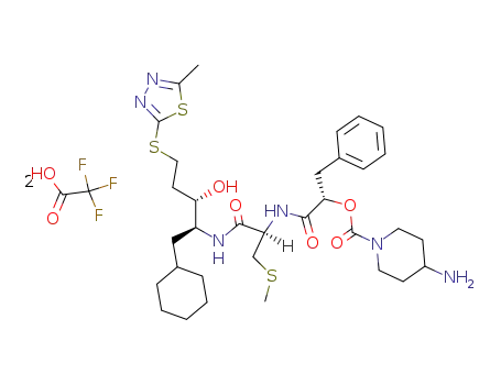 Molecular Structure of 143122-52-5 ((2S,3S)-2-<<(2S)-2-<<(4-aminopiperidino)carbonyl>oxy>-3-phenylpropionyl>-Cys(Me)-amino>-1-cyclohexyl-5-<(2-methyl-1,3,4-thiadiazol-5-yl)thio>-3-pentanol bis(trifluoroacetate))