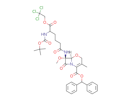 Molecular Structure of 77930-79-1 ((6R,7R)-7-[5-tert-Butoxycarbonylamino-5-(2,2,2-trichloro-ethoxycarbonyl)-pentanoylamino]-7-methoxy-3-methyl-8-oxo-5-oxa-1-aza-bicyclo[4.2.0]oct-2-ene-2-carboxylic acid benzhydryl ester)