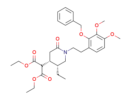 Molecular Structure of 89681-01-6 (1-(2-benzyloxy-3,4-dimethoxyphenethyl)-5-ethyl-2-oxo-4-piperidinemalonic acid diethyl ester)