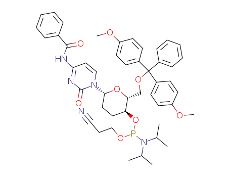Molecular Structure of 145610-77-1 (N<sup>4</sup>-Benzoyl-1-<4'-O-<(2-cyanoethoxy)(diisopropylamino)phosphino>-2',3'-dideoxy-6'-O-<(4,4'-dimethoxytriphenyl)methyl>-β-D-glucopyranosyl>cytosin)