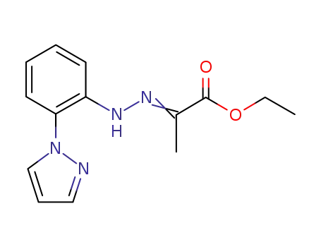 Molecular Structure of 138622-18-1 (Propanoic acid, 2-[[2-(1H-pyrazol-1-yl)phenyl]hydrazono]-, ethyl ester,
(E)-)