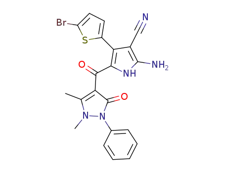 Molecular Structure of 1453857-37-8 (2-amino-4-(5-bromothiophen-2-yl)-5-(1,5-dimethyl-3-oxo-2-phenyl-2,3-dihydro-1H-pyrazole-4-carbonyl)-1H-pyrrole-3-carbonitrile)