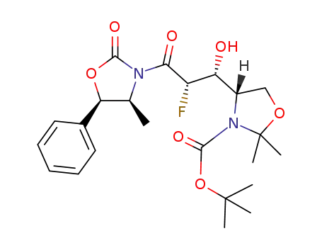Molecular Structure of 1610530-01-2 (tert-butyl (4S)-4-{(1S,2R)-2-fluoro-1-hydroxy-3-[(4S,5R)-4-methyl-2-oxo-5-phenyloxazolidin-3-yl]-3-oxopropyl}-2,2-dimethyloxazolidine-3-carboxylate)