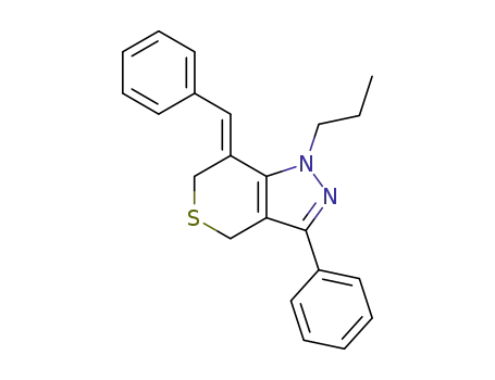 Molecular Structure of 83319-86-2 (7-(<i>Z</i>)-benzylidene-3-phenyl-1-propyl-1,4,6,7-tetrahydro-thiopyrano[4,3-<i>c</i>]pyrazole)