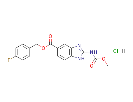 Molecular Structure of 135696-79-6 (1H-Benzimidazole-5-carboxylic acid, 2-[(methoxycarbonyl)amino]-,
(4-fluorophenyl)methyl ester, monohydrochloride)