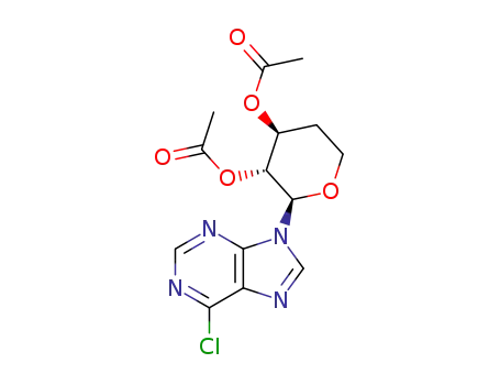 Molecular Structure of 87990-01-0 (Acetic acid (2R,3R,4S)-4-acetoxy-2-(6-chloro-purin-9-yl)-tetrahydro-pyran-3-yl ester)