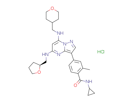 (S)-N-cyclopropyl-2-methyl-4-(7-(((tetrahydro-2H-pyran-4-yl)methyl)amino)-5-(((tetrahydrofuran-2-yl)methyl)amino)pyrazolo[1,5-a]pyrimidin-3-yl)benzamide hydrochloride