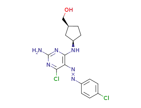 Molecular Structure of 122624-76-4 (Cyclopentanemethanol,
3-[[2-amino-6-chloro-5-[(4-chlorophenyl)azo]-4-pyrimidinyl]amino]-,
(1R,3S)-rel-)