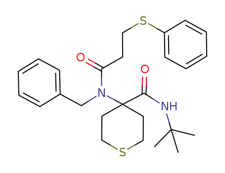 Molecular Structure of 1044762-70-0 (4-[benzyl-(3-phenylsulfanyl-propionyl)-amino]-tetrahydro-thiopyran-4-carboxylic acid tert-butylamide)