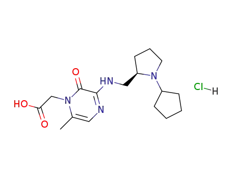 Molecular Structure of 259538-84-6 (2-[3-({[(2 R)-1-Cyclopentylpyrrolidinyl]methyl}amino)-6-methyl-2-oxo-1(2 H)-pyrazinyl]acetic acid hydrochloride)