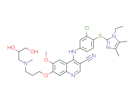 Molecular Structure of 1125455-31-3 (4-({3-chloro-4-[(1-ethyl-4,5-dimethyl-1H-imidazol-2-yl)thio]phenyl}amino)-7-{3-[(2,3-dihydroxypropyl)(methyl)amino]propoxy}-6-methoxyquinoline-3-carbonitrile)