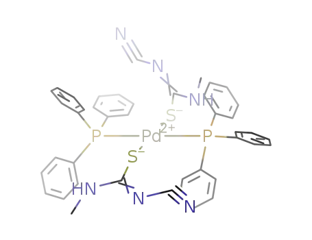 Molecular Structure of 375368-48-2 (Pd(SCNHCNNCH<sub>3</sub>)2(P(C<sub>6</sub>H<sub>5</sub>)3)2)