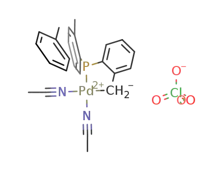 Pd(NCCH<sub>3</sub>)2(CH<sub>2</sub>C<sub>6</sub>H<sub>4</sub>P(C<sub>6</sub>H<sub>4</sub>CH<sub>3</sub>)2)<sup>(1+)</sup>*ClO<sub>4</sub><sup>(1-)</sup> = [Pd(NCCH<sub>3</sub>)2(CH<sub>2</sub>C<sub>6</sub>H<sub>4</sub>P(C<sub>6</sub>H<sub>4</sub>CH<sub>3</sub>)2)]ClO<sub>4</sub>