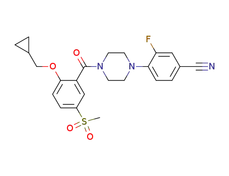 Molecular Structure of 845609-54-3 (4-[4-[2-(Cyclopropylmethoxy)-5-methylsulfonylbenzoyl]piperazin-1-yl]-3-fluorobenzonitrile)