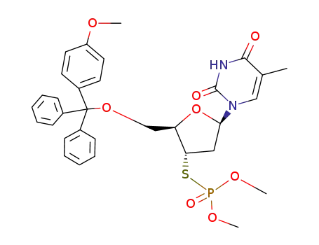 Molecular Structure of 142827-03-0 (Thymidine, 5'-O-[(4-methoxyphenyl)diphenylmethyl]-3'-thio-, 3'-(dimethyl
phosphate))