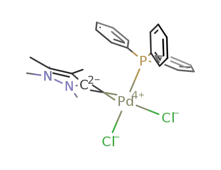 Molecular Structure of 821798-40-7 ([PdCl<sub>2</sub>((N<sub>2</sub>C<sub>3</sub>(CH<sub>3</sub>)4)(P(C<sub>6</sub>H<sub>5</sub>)3))])