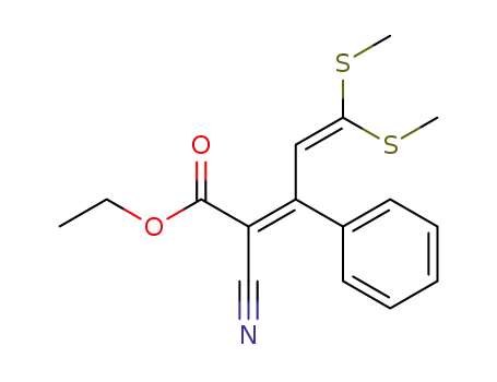 Molecular Structure of 79250-74-1 (2,4-Pentadienoic acid, 2-cyano-5,5-bis(methylthio)-3-phenyl-, ethyl
ester, (E)-)