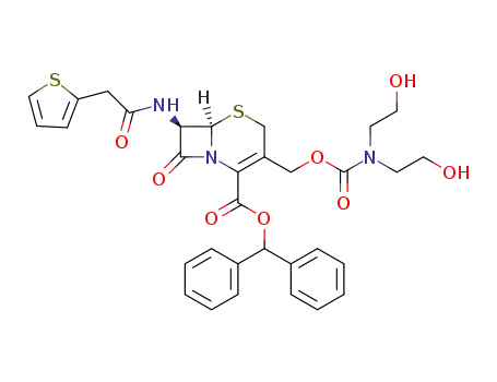 Molecular Structure of 135508-70-2 ((6R,7R)-3-{[Bis-(2-hydroxy-ethyl)-carbamoyloxy]-methyl}-8-oxo-7-(2-thiophen-2-yl-acetylamino)-5-thia-1-aza-bicyclo[4.2.0]oct-2-ene-2-carboxylic acid benzhydryl ester)