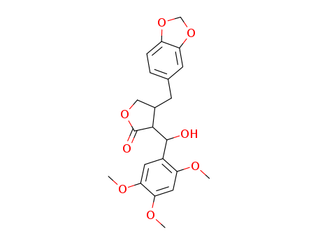 Molecular Structure of 143302-98-1 (2(3H)-Furanone,
4-[(1,3-benzodioxol-5-yl)methyl]dihydro-3-[hydroxy(2,4,5-trimethoxyphen
yl)methyl]-)