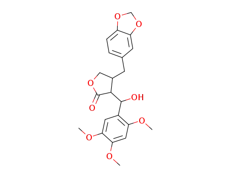 Molecular Structure of 143302-98-1 (2(3H)-Furanone,
4-[(1,3-benzodioxol-5-yl)methyl]dihydro-3-[hydroxy(2,4,5-trimethoxyphen
yl)methyl]-)