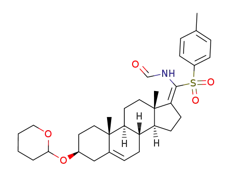 Molecular Structure of 95498-66-1 (N-[[(3S,8R,9S,10R,13S,14S)-10,13-Dimethyl-3-(tetrahydro-pyran-2-yloxy)-1,2,3,4,7,8,9,10,11,12,13,14,15,16-tetradecahydro-cyclopenta[a]phenanthren-(17E)-ylidene]-(toluene-4-sulfonyl)-methyl]-formamide)