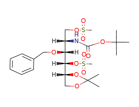 Molecular Structure of 149625-45-6 (D-Glucitol, 2-deoxy-2-(1,1-dimethylethoxy)carbonylamino-5,6-O-(1-methylethylidene)-3-O-(phenylmethyl)-, 1,4-dimethanesulfonate)