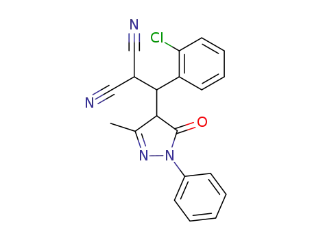 Molecular Structure of 82805-66-1 (2-[(2-Chloro-phenyl)-(3-methyl-5-oxo-1-phenyl-4,5-dihydro-1H-pyrazol-4-yl)-methyl]-malononitrile)