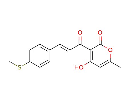 Molecular Structure of 90105-06-9 (2H-Pyran-2-one,
4-hydroxy-6-methyl-3-[3-[4-(methylthio)phenyl]-1-oxo-2-propenyl]-, (E)-)