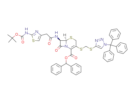 Molecular Structure of 140128-58-1 ((6R,7R)-7-[2-(2-tert-Butoxycarbonylamino-thiazol-4-yl)-acetylamino]-8-oxo-3-(1-trityl-1H-[1,2,3]triazol-4-ylsulfanylmethylsulfanyl)-5-thia-1-aza-bicyclo[4.2.0]oct-2-ene-2-carboxylic acid benzhydryl ester)