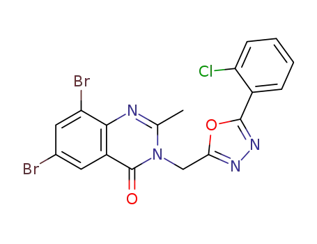 Molecular Structure of 106924-10-1 (6,8-dibromo-3-{[5-(2-chlorophenyl)-1,3,4-oxadiazol-2-yl]methyl}-2-methylquinazolin-4(3H)-one)