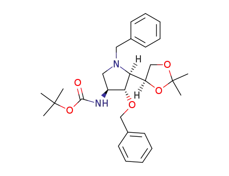 Molecular Structure of 149625-46-7 (Carbamic acid, 5-(2,2-dimethyl-1,3-dioxolan-4-yl)-4-(phenylmethoxy)-1-(phenylmethyl)-3-pyrrolidinyl-, 1,1-dimethylethyl ester, 3S-3.alpha.,4.beta.,5.alpha.(R*)-)