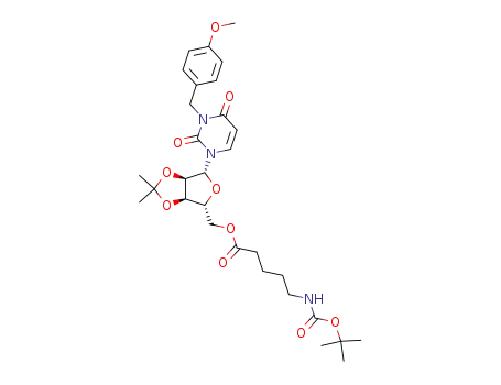 5-<i>tert</i>-butoxycarbonylamino-pentanoic acid 6-[3-(4-methoxy-benzyl)-2,4-dioxo-3,4-dihydro-2<i>H</i>-pyrimidin-1-yl]-2,2-dimethyl-tetrahydro-furo[3,4-<i>d</i>][1,3]dioxol-4-ylmethyl ester