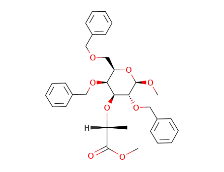 Molecular Structure of 177421-03-3 ((R)-2-((2R,3S,4S,5R,6R)-3,5-Bis-benzyloxy-2-benzyloxymethyl-6-methoxy-tetrahydro-pyran-4-yloxy)-propionic acid methyl ester)