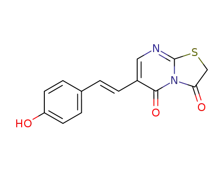 Molecular Structure of 112418-10-7 (5H-Thiazolo[3,2-a]pyrimidine-3,5(2H)-dione,
6-[2-(4-hydroxyphenyl)ethenyl]-, (E)-)