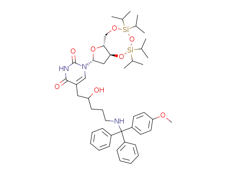 Molecular Structure of 194595-74-9 (5-(2-Hydroxy-5-{[(4-methoxy-phenyl)-diphenyl-methyl]-amino}-pentyl)-1-((2R,3aS,9aR)-5,5,7,7-tetraisopropyl-tetrahydro-1,4,6,8-tetraoxa-5,7-disila-cyclopentacycloocten-2-yl)-1H-pyrimidine-2,4-dione)