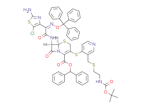 Molecular Structure of 189449-58-9 ((7R)-7-[(Z)-2-(2-amino-5-chlorothiazol-4-yl)-2-(triphenylmethoxyimino)acetamido]-3-[3-(N-tert-butoxycarbonylaminoethylthiomethyl)pyrid-4-ylthio]-3-cephem-4-carboxylate diphenylmethyl ester)