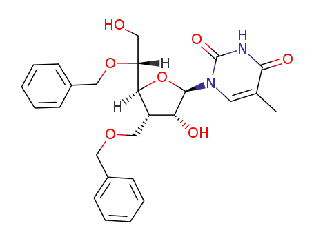 Molecular Structure of 377079-47-5 (1-[(2R,3R,4S,5S)-5-((R)-1-Benzyloxy-2-hydroxy-ethyl)-4-benzyloxymethyl-3-hydroxy-tetrahydro-furan-2-yl]-5-methyl-1H-pyrimidine-2,4-dione)