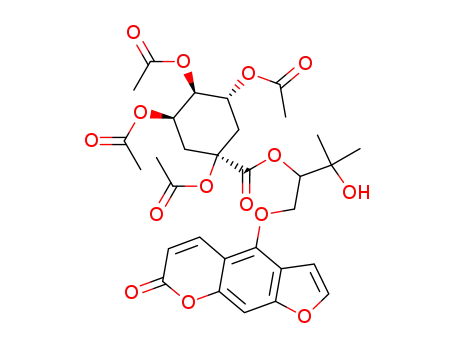 Molecular Structure of 362467-97-8 (1,3,4,5-tetraacetoxy-cyclohexanecarboxylic acid 2-hydroxy-2-methyl-1-(7-oxo-7<i>H</i>-furo[3,2-<i>g</i>]chromen-4-yloxymethyl)-propyl ester)