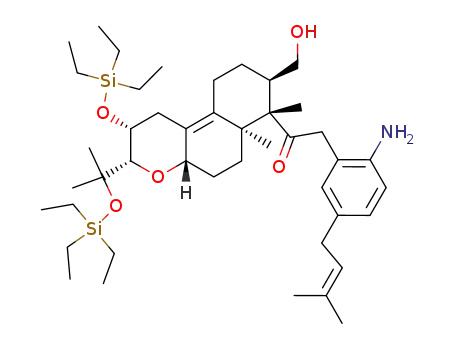 Molecular Structure of 671792-39-5 (2-[2-amino-5-(3-methyl-but-2-enyl)-phenyl]-1-[8-hydroxymethyl-6a,7-dimethyl-3-(1-methyl-1-triethylsilanyloxy-ethyl)-2-triethylsilanyloxy-2,3,4a,5,6,6a,7,8,9,10-decahydro-1<i>H</i>-benzo[<i>f</i>]chromen-7-yl]-ethanone)