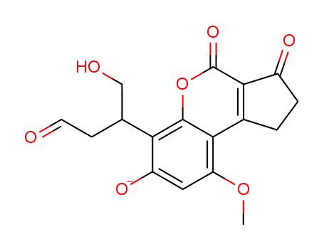 Molecular Structure of 419568-05-1 (6-(1-hydroxymethyl-3-oxo-propyl)-9-methoxy-3,4-dioxo-1,2,3,4-tetrahydro-cyclopenta[<i>c</i>]chromen-7-ol anion)