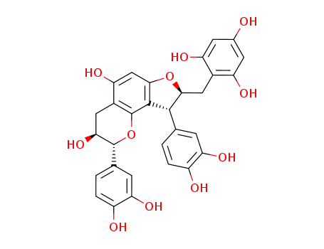 Molecular Structure of 76250-47-0 (1,3,5-Benzenetriol,2-[[(2R,3S,8S,9R)-2,9-bis(3,4-dihydroxyphenyl)-3,4,8,9-tetrahydro-3,5-dihydroxy-2H-furo[2,3-h]-1-benzopyran-8-yl]methyl]-)