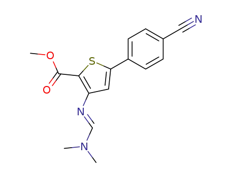 Molecular Structure of 917597-45-6 (2-Thiophenecarboxylic acid,
5-(4-cyanophenyl)-3-[(E)-((dimethylamino)methylene)amino]-, methyl
ester)
