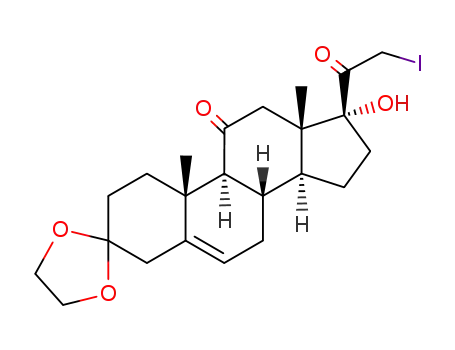 Molecular Structure of 5739-01-5 (3,3-ethanediyldioxy-17-hydroxy-21-iodo-pregn-5-ene-11,20-dione)