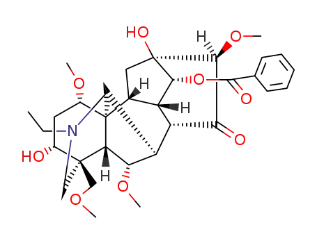 Molecular Structure of 561-05-7 ((1alpha,3alpha,5xi,6alpha,10xi,13xi,14alpha,16beta,17xi)-20-ethyl-3,13-dihydroxy-1,6,16-trimethoxy-4-(methoxymethyl)-15-oxoaconitan-14-yl benzoate)