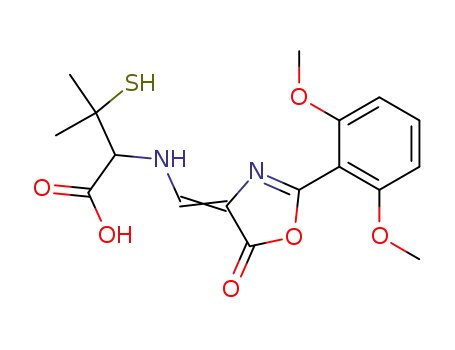 Molecular Structure of 51703-50-5 (<i>N</i>-[2-(2,6-dimethoxy-phenyl)-5-oxo-oxazol-4-ylidenemethyl]-penicillamine)