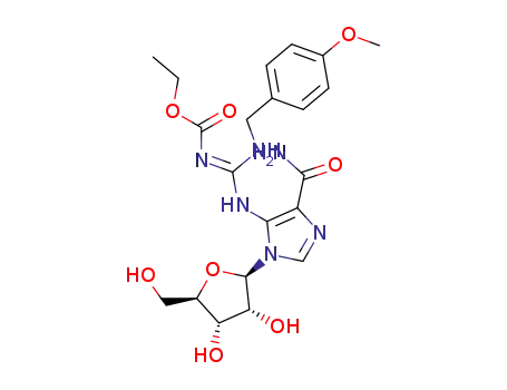 Molecular Structure of 100334-11-0 (5-<3-(ethoxycarbonyl)-3'-(4'-methoxybenzyl)-1-guanidino>-1-(β-D-ribofuranosyl)imidazole-4-carboxamide)