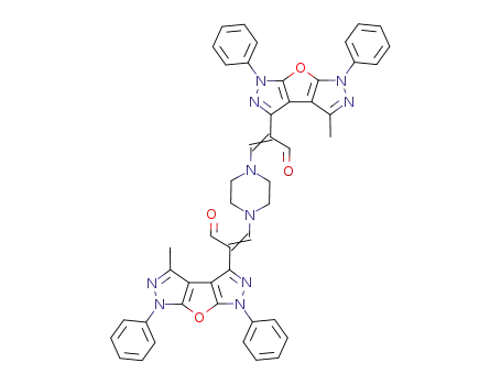 Molecular Structure of 143100-01-0 ((Z)-2-(4-Methyl-1,6-diphenyl-1,6-dihydro-furo[2,3-c;5,4-c']dipyrazol-3-yl)-3-{4-[(Z)-2-(4-methyl-1,6-diphenyl-1,6-dihydro-furo[2,3-c;5,4-c']dipyrazol-3-yl)-3-oxo-propenyl]-piperazin-1-yl}-propenal)